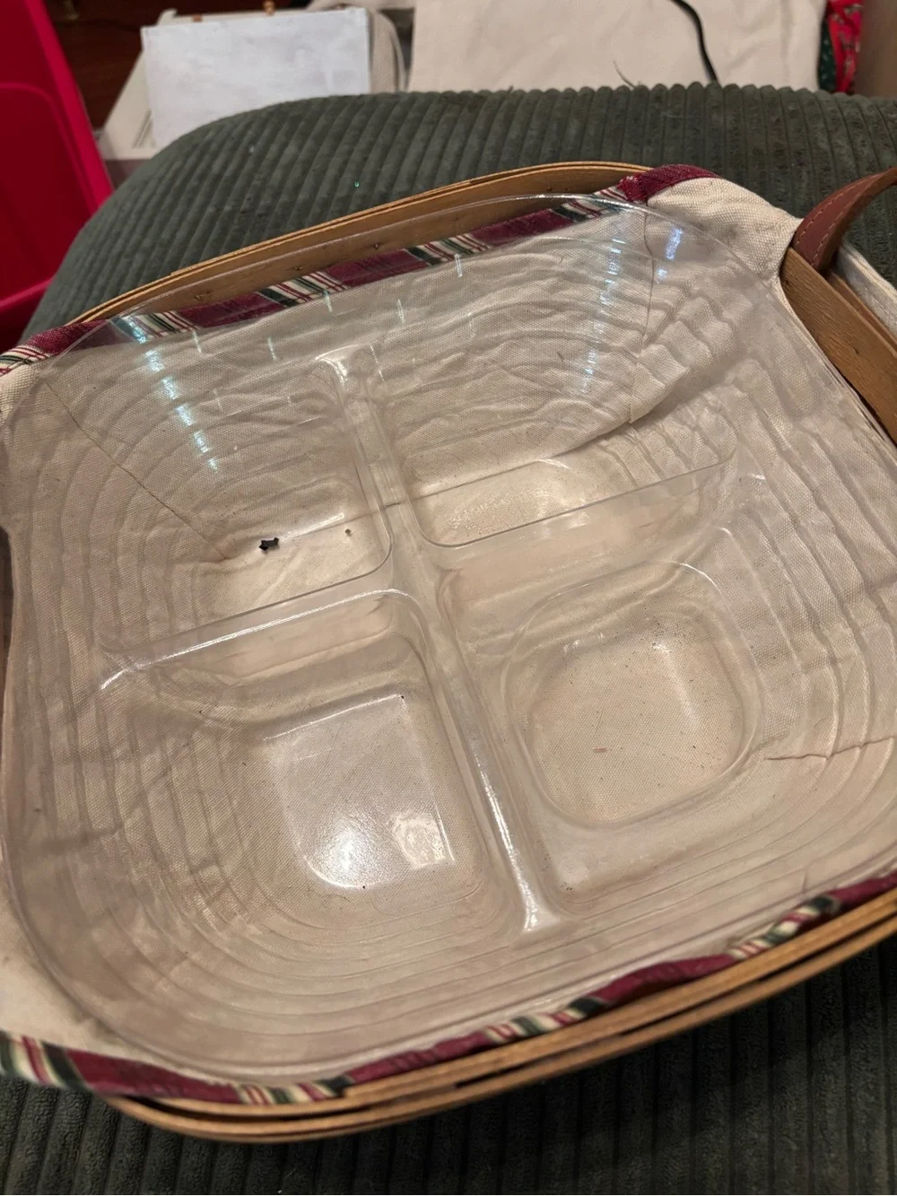 square handled Longaberger basket with fabric and plastic divided liner 2005